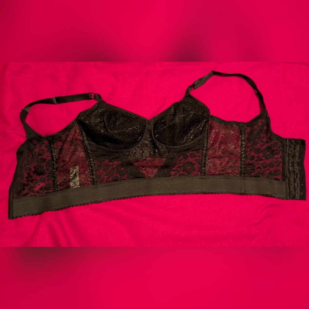 Rago 2202 Black Lace Longline Bra 38DD Wireless Garter Straps Pin Up Vintage